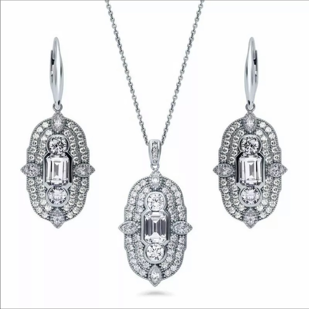 New 3Pc White Gold Cubic Zircon Necklace/ER Set - Picture 1 of 12